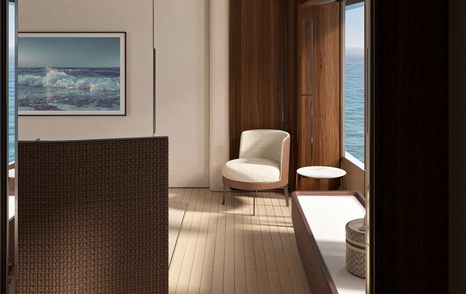 Rendering of Custom Line Saetta 128' motor yacht master cabin seating area 