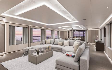 Rendering of Bilgin 170 superyacht main saloon with curved seating 