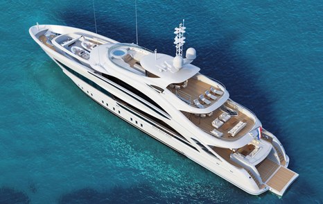 Aerial view of Heesen Project Aura, surrounded by two tone sea