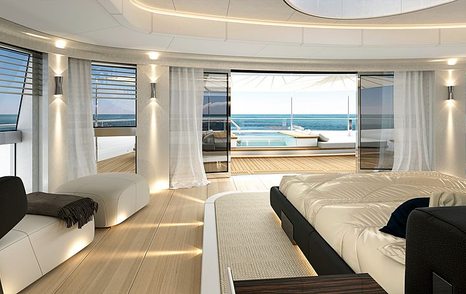 bed looking out over a private deck area with Jacuzzi in the master suite of Sanlorenzo 64 Steel yacht with 180-degree views