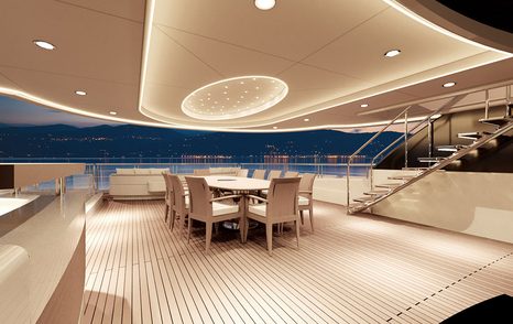 Wooden decking and teak furniture on deck of custom build Florentia superyacht