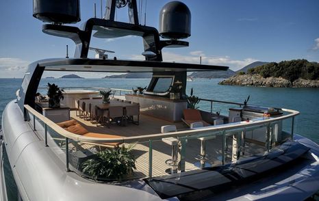 Sun deck on Benetti Oasis 40M with seats at bar and covered dining area