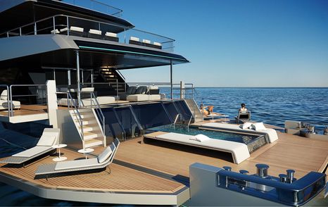 Rendering of Riva 54Metri superyacht beach club with fold down sides, infinity pool and multiple sun loungers 