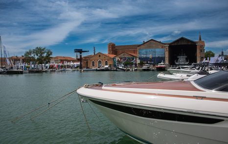 Motor yacht bows in the Venice Arsenale