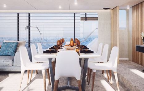 Rendering of Tecnomarine TM90 superyacht dining area with white chairs 