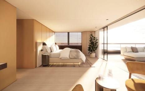 The owner's cabin onboard the Benetti B.Yond 40M utilizes neutral tones and furnishing for a relaxed atmosphere