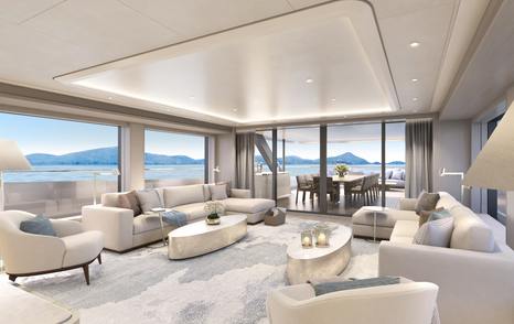 Rendering of superyacht Project Grace main saloon with white sofa and carpets