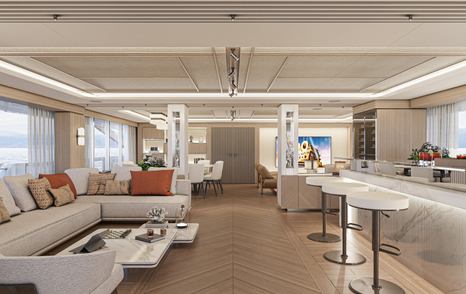 Rendering of the Numarine 47MXP explorer yacht main saloon with l-shaped sofa, bar area and dining area