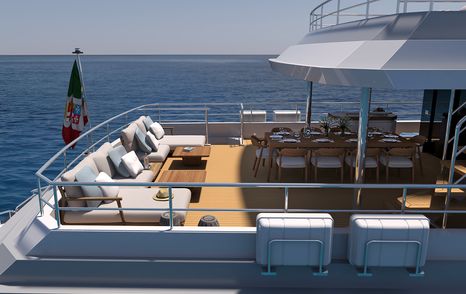Rendering of Ocean King Explorer 34M explorer yacht main bridge aft deck with shaded alfresco dining