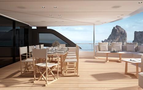 Rendering of Custom Line Navetta 35 superyacht main aft deck with shaded alfresco dining 
