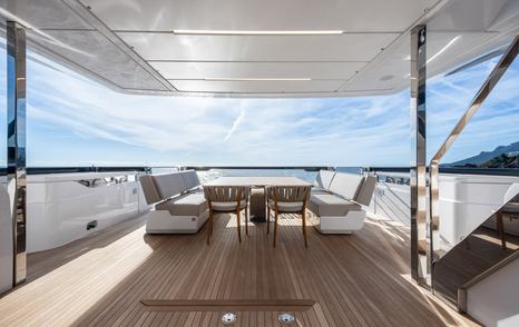 Motor Yacht Together aft deck with shaded alfresco dining