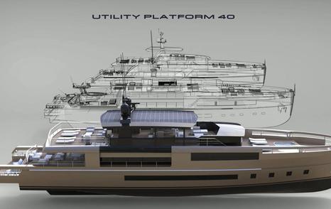 Side view of UP40 CGI motoryacht with pencil illustrations in the background