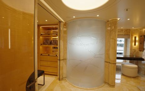 His and hers bathrooms in the Amels 242 Casino Royale owner’s suite.