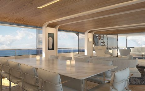 Rendering of large table and chairs in light and airy interiors of Benetti Motopanfilo