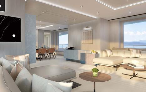 Main saloon on motor yacht Project Fun with cream furnishings and an interconnecting dining area
