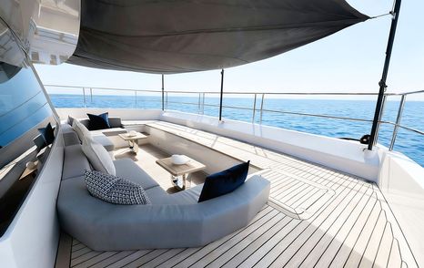 Oceanwalker S60 Catamaran foredeck with shaded U-shaped grey seating