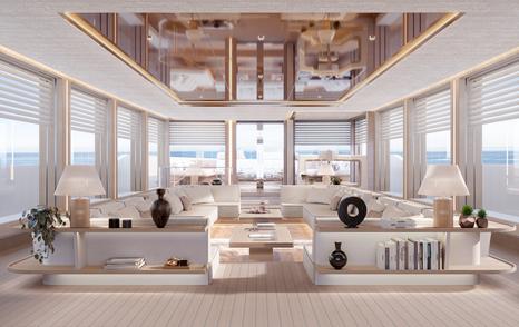 Rendering of Superyacht Genie Blu main salon with dual L-shaped sofa