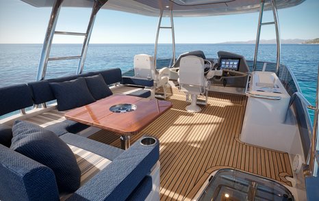 Riviera Belize 55 Daybridge boat flybridge with blue seating 