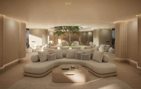 Rendering of Sanlorenzo 74Steel Superyacht Virtuosity  main saloon with curved U-shaped white sofa 