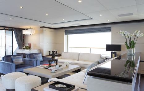 Superyacht Inspiration interior seating wtih white sofas and coffee table