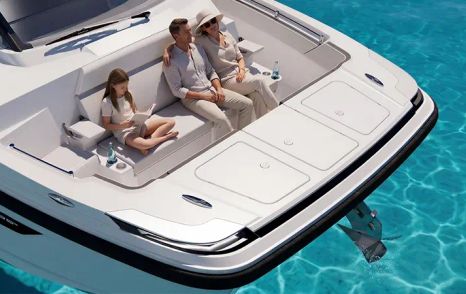 Rendering of family relaxing on Aquila 35 Sport Power Catamaran bow 