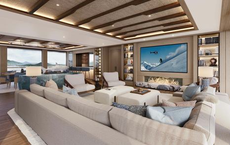 Rendering of expedition yacht Project Master main salon with mounted TV and white sofas 