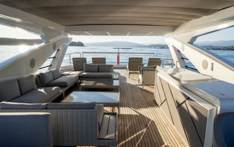 Motor Yacht Triple Eight flybridge lounge area with seating, dining table and panoramic views