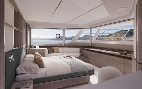 Princess X90 flybridge yacht master cabin with expansive windows 