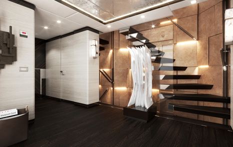 Rendering of Superyacht Orion staircase with glass wall