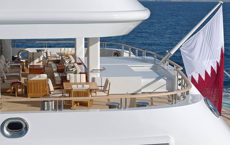 Close up of Superyacht Katara aft decks with shaded alfresco dining