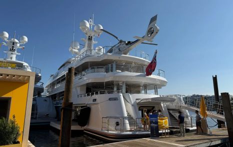 Aft of superyacht Boardwalk V at Palm Beach International Boat Show 2026