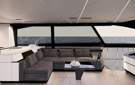 Rendering of motor yacht Pershing GTX70 saloon L-shaped sofa