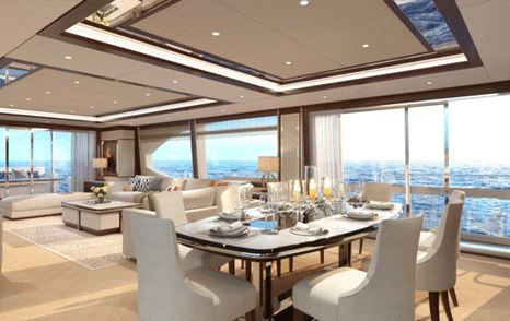 Interior dining area of Damen SeaXplorer 55 expedition yacht, six seats around formal table surrounded by large windows