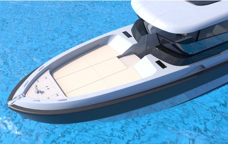 Rendering of TYKUN H1 dayboat foredeck beige seating area