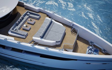 Rendering of Lazzara LMY 165 superyacht foredeck with grey sunpads 