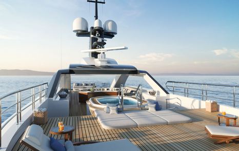 rendering of the sunning area aft of a pool and radar arch on the teak-lined sundeck of the Amels 60 yacht