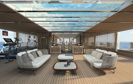 two white sofas face each other with coffee tables in between and glass-bottomed pool above on the main deck aft of Sanlorenzo 64 Steel yacht