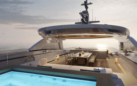 Rendering of First Admiral A-40 Yacht sundeck with jacuzzi and alfresco dining