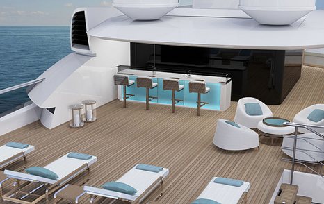 rendering sun pads, bar with bar stools and armchairs on the sundeck of a Continenal model