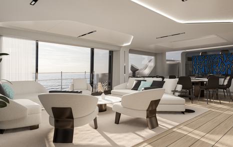 Rendering of ISA Viper 130 motor yacht main saloon seating area