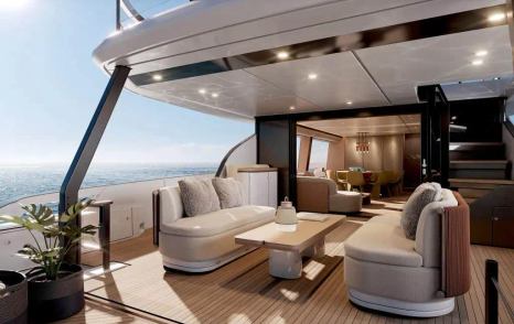 Rendering of Azimut Fly 82 motor yacht aft alfresco dining 