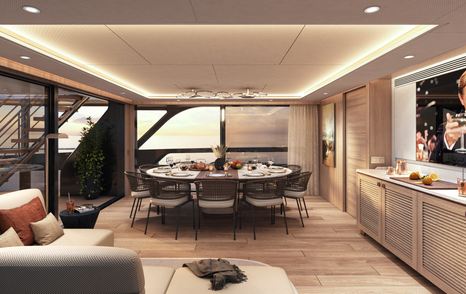 Rendering of superyacht Lalabe main saloon dining area
