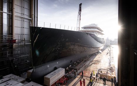 Angled view of Abeking & Rasmussen Hull 6507 being transported backwards out of shed on launch day. 