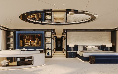 Rendering of Bilgin superyacht Project Bond master cabin with separate seating area 