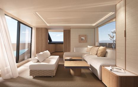 The salon aboard the Azimut Seadeck 7 utilizes neutral tones for a calming experience