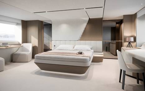 A guest cabin on board a Princess Y85 superyacht.