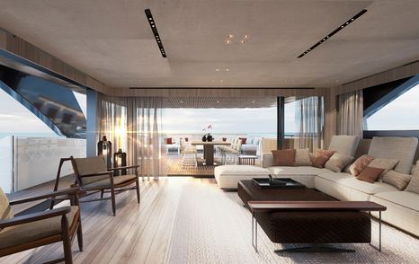 Rendering of Sanlorenzo SD132 motor yacht main saloon with glass sliding doors 