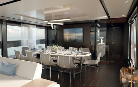 white dining table surrounded by white chairs in the main salon of Sunseeker 100 Yacht with dark wooden floors and wall panels