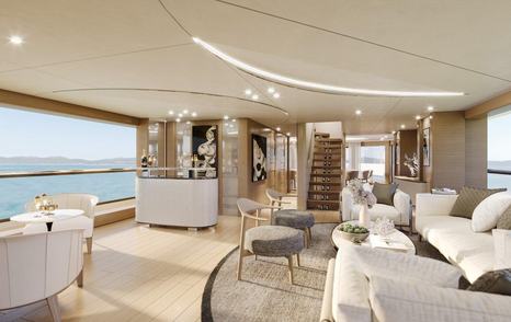 Sun drenched interiors, with sofas and tables, of main salon on Benetti B.Yond explorer yacht.