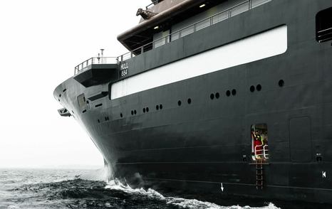 Water-level view of the bow of superyacht REV OCEAN